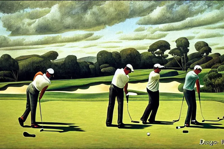 Image similar to Three golfers on a beautiful golf course driving range, by Diego Rivera