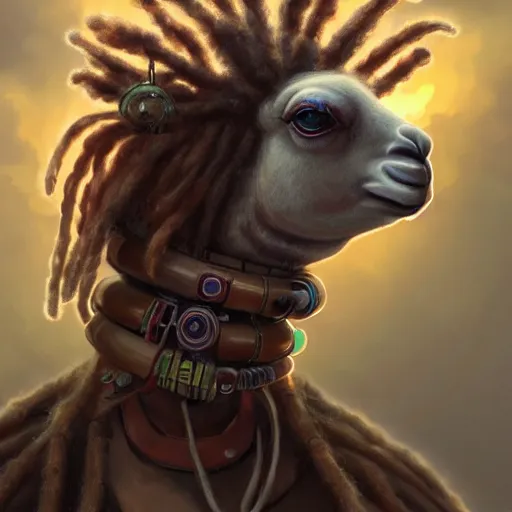 Image similar to llama with dreadlocks, industrial sci-fi, by Mandy Jurgens, Ernst Haeckel, James Jean, artstation, concept art