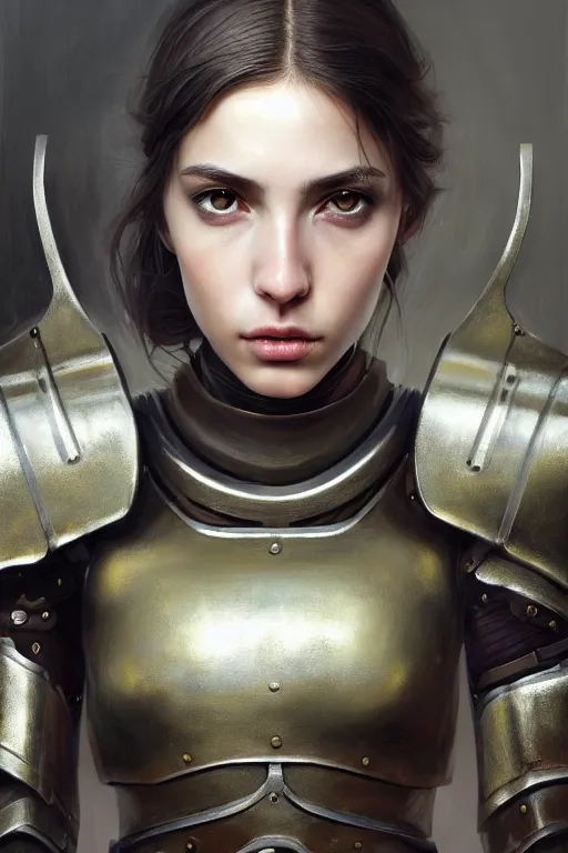 Image similar to a photorealistic painting of an attractive young girl, partially clothed in metal-plated battle armor, olive skin, long dark hair, beautiful bone structure, symmetrical face, perfect eyes, intricate, elegant, digital painting, concept art, illustration, sharp focus, minimal artifacts, from Metal Gear, in the style of Ruan Jia and Mandy Jurgens and Greg Rutkowski, trending on Artstation, award winning