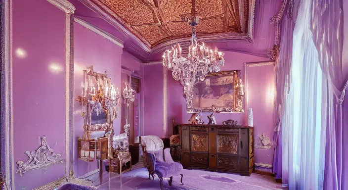 Prompt: 35mm photo of a Spanish Study, glimmering interior design, lilac colors, infrared-interior-lighting, divine-view, glimmering-design, artificial, style of Victorian, 4k, professional photography, wide-perspective, grand-composition, concept-art, highly-detailed, sublime, dramatic, cinematic