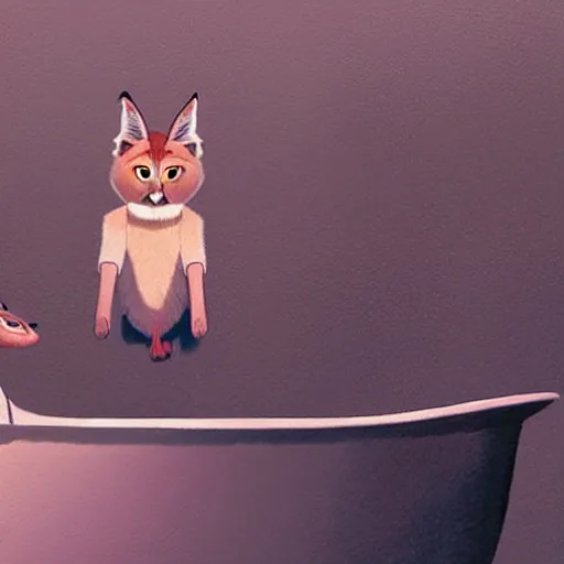 Prompt: Goro Fujita illustrating photo of a cute caracal in a bathtub