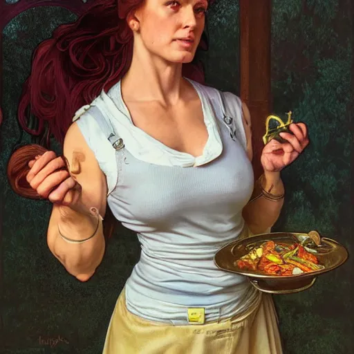 Prompt: epic portrait an muscular waitress wearing short sleeved uniform and carrying food, goddess, detailed, centered, digital painting, artstation, concept art, donato giancola, Dante Gabriel Rossetti, alphonse mucha, Joseph Christian Leyendecker, WLOP, Boris Vallejo, Annie Leibovitz and Steve McCurry, David Lazar, Jimmy Nelsson, Breathtaking, 8k resolution, extremely detailed, beautiful, establishing shot, artistic, hyperrealistic, beautiful face, octane render