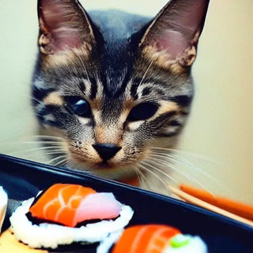 Image similar to realistic photo of a cute cat eating sushi