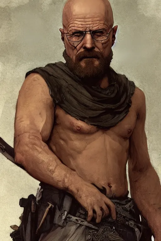 Image similar to Heisenberg as Kratos, highly detailed, digital painting, artstation, concept art, smooth, sharp focus, illustration, ArtStation, art by artgerm and greg rutkowski and alphonse mucha and J. C. Leyendecker and Edmund Blair Leighton and Katsuhiro Otomo and Geof Darrow and Phil hale and Ashley wood and Ilya repin and Charlie Bowater