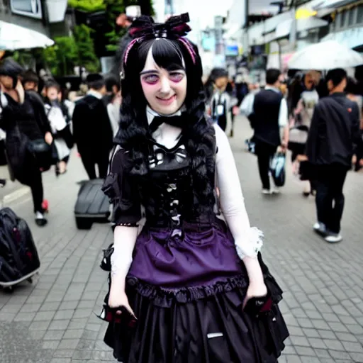 Prompt: cute looking martin shkreli wearing gothic lolita dress photographed at harajuku tokyo street fashion event,