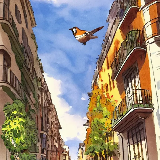 Image similar to A bird in Madrid, painted by Ghibli studio