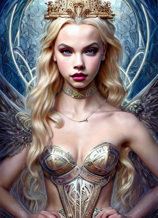 Image similar to ultra realistic illustration, a stunningly beautiful greek gothic goddess of chaos played by jordyn jones and dove cameron and margot robbie and taylor swift and megan fox and adriana lima, intricate, elegant, highly detailed, digital painting, artstation, concept art, smooth, sharp focus, illustration, art by artgerm and greg rutkowski and alphonse mucha