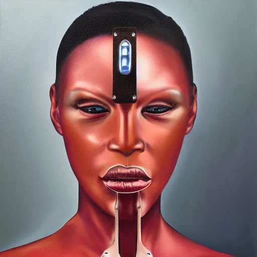 Image similar to a realistic oil painting of a black woman as a cybernetic cyborg, surrealism portrait, surrealism album cover