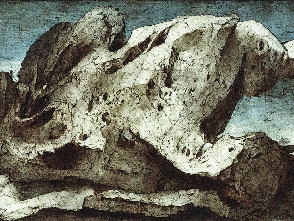 Image similar to dream bot mothership crashed into the icy mountains, wind sculpted boulder. painting by leonardo da vinci