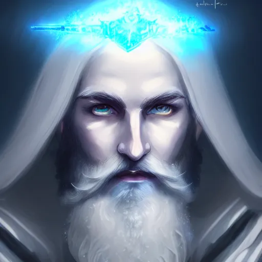 Image similar to Portrait of an Aasimar Paladin-Druid with glowing blue eyes, pale grey skin, silver full beard, and silver hair. He has a sword and wears moss covered full plate armor. Epic fantasy art, sharp, award winning on Artstation, 4k HD.