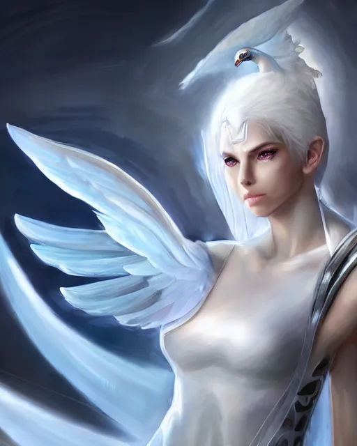 Image similar to perfect white haired attractive egyptian goddess with huge white dove wings, warframe armor, beautiful, symmetric, dreamy, half asian, pretty face, blue eyes, detailed, scifi platform, laboratory, charlize theron, 4 k, ultra realistic, epic lighting, android body, illuminated, cinematic, masterpiece, art by akihito tsukushi, voidstar