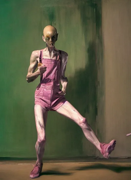 Image similar to an expressive skinny artist wearing overalls physically fighting with a ghost, inside a grand studio, depth of field, hauntingly surreal, highly detailed oil painting, by francis bacon, edward hopper, adrian ghenie, glenn brown, soft light 4 k, green and pink colour palette, cinematic composition, cinematic lighting, high quality octane render, masterpiece