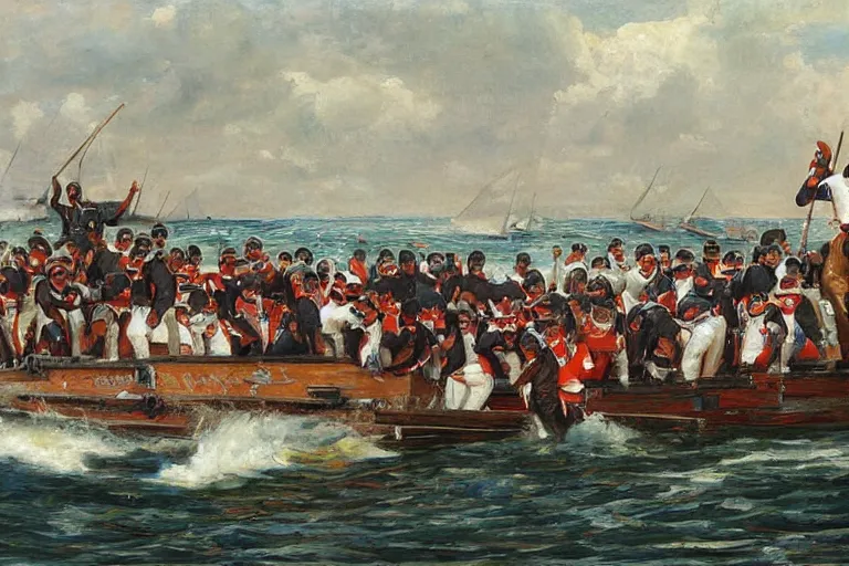 Image similar to whaling boat filled with nfl football players in helmets and pads, american school, whaling painting, robert wyland