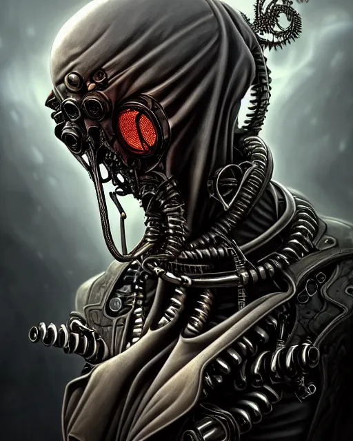 Image similar to front shot of a cyberpunk hooded dead biomechanical demon in gasmask mastermind character, intricate, elegant, highly detailed, centered, (((artstation, concept art, smooth, sharp focus, artgerm, Tomasz Alen Kopera, Peter Mohrbacher, donato giancola, Joseph Christian Leyendecker, WLOP, Boris Vallejo))), mugshot!!!!!, ugly!!!!!!, octane render, nvidia raytracing demo, grainy, muted