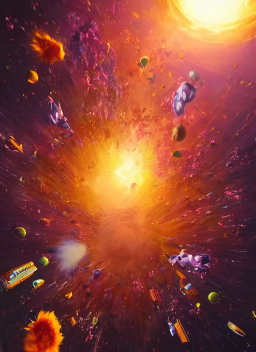 Image similar to An epic fantastic realism comic book style painting of the most beautiful flowers launched into space, bouquets hurdling toward a nebulous black hole, fisheye lens, unreal 5, DAZ, hyperrealistic, octane render, dynamic lighting