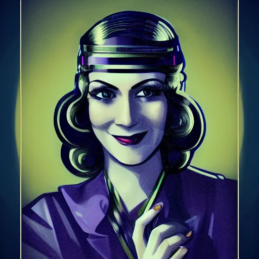 Image similar to smiling, happy, beautiful, intelligent, powerful 1 9 2 0 s movie star loving eyes, fully clothed, casual clothing, wise, beautiful, dramatic lighting, sharp focus, art deco patterns by stanley artgerm, retro futurism, dramatic lighting, trending on artstation, flat colour, geometric curves, gradient filter