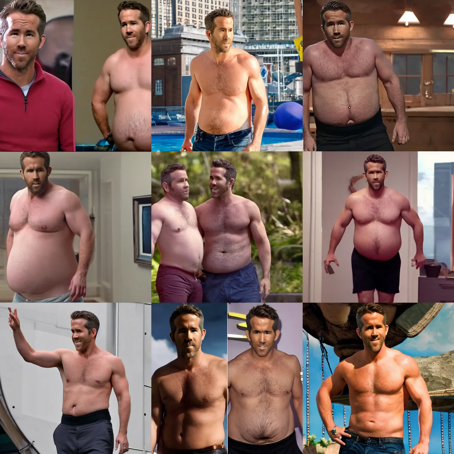 Prompt: ryan reynolds wearing a fat suit, big belly, bloated, 4 k hd