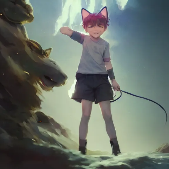 Image similar to boy with cat ears and tail, full body, blushing, happy, short smile, hair covering eyes, cinematic lightning, mid-shot, highly detailed, very very very beautiful, trending on Artstation, Unreal Engine 4k, watercolour, pastel, cinematic wallpaper by Stanley Artgerm Lau, WLOP, Rossdraws.