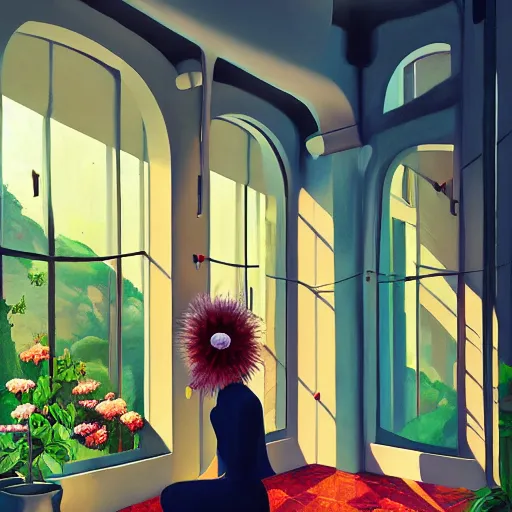 Prompt: giant flower under head, woman next to modern windows, luxury apartment, surreal photography, dramatic light, impressionist painting, digital painting, artstation, james gilleard
