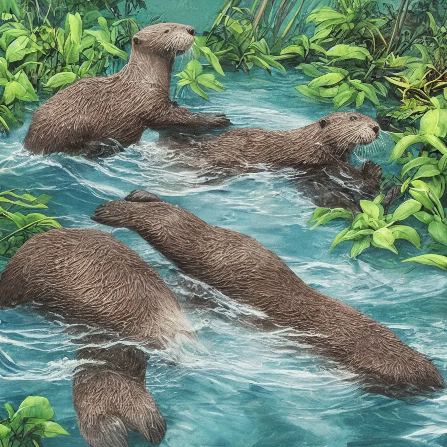 Prompt: album art, an otter swimming in an overgrown tropical creek river, omni magazine, beautiful visuals