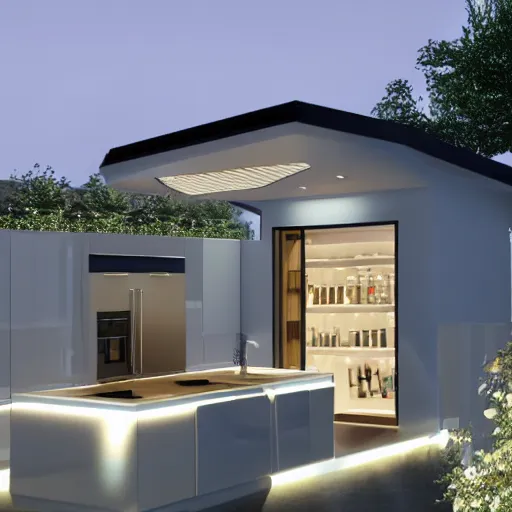 Prompt: modern kitchen with led strip lighting roof lantern, homes and gardens, super detailed render, award winning,