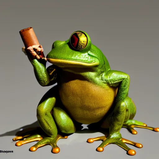 Image similar to a high quality photo of an antropomorphic frog wearing a suit smoking a cigar cigar cigar cigar, 3d scene, render, ultra realistic, artstation, cgsociety