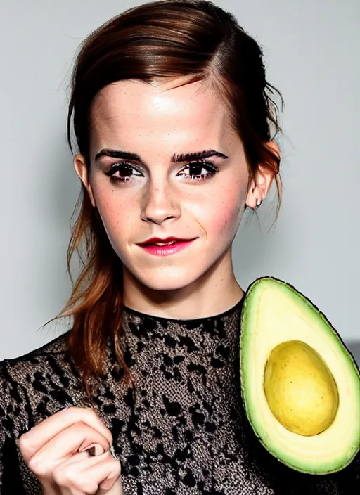 Image similar to emma watson and an avocado, high quality photography