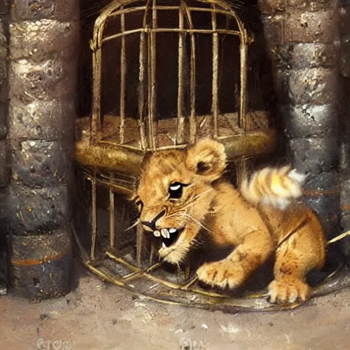 Prompt: cute lion cub with a scorpion tail in a cage on a medieval fantasy market, oil painting, by greg rutkowski