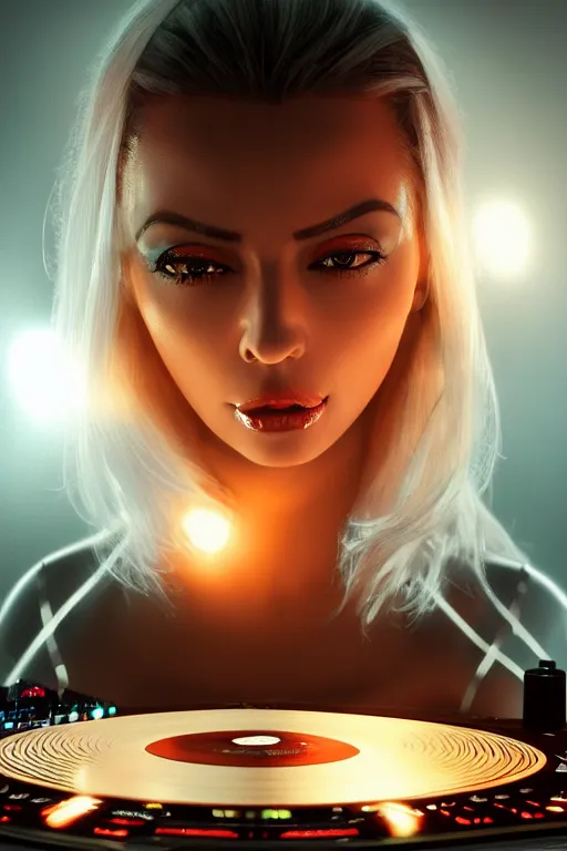 Image similar to a centered photo of the most complicated and technical dj equipment being played by isabelledeltore, powerful, cinematic, beautifully lit, by artgerm, by karol bak, 3 d, perfect face and body, trending on artstation, octane render, 8 k