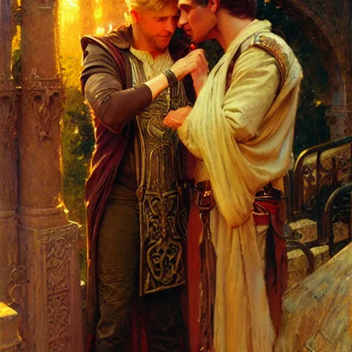 Image similar to attractive, arthur pendragon in love with attractive male, merlin the mage. highly detailed painting by gaston bussiere, craig mullins, j. c. leyendecker