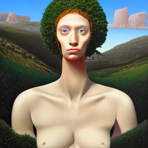 Image similar to hyperrealstic surrealism landscape, giant mannequin head ruins by alex gross