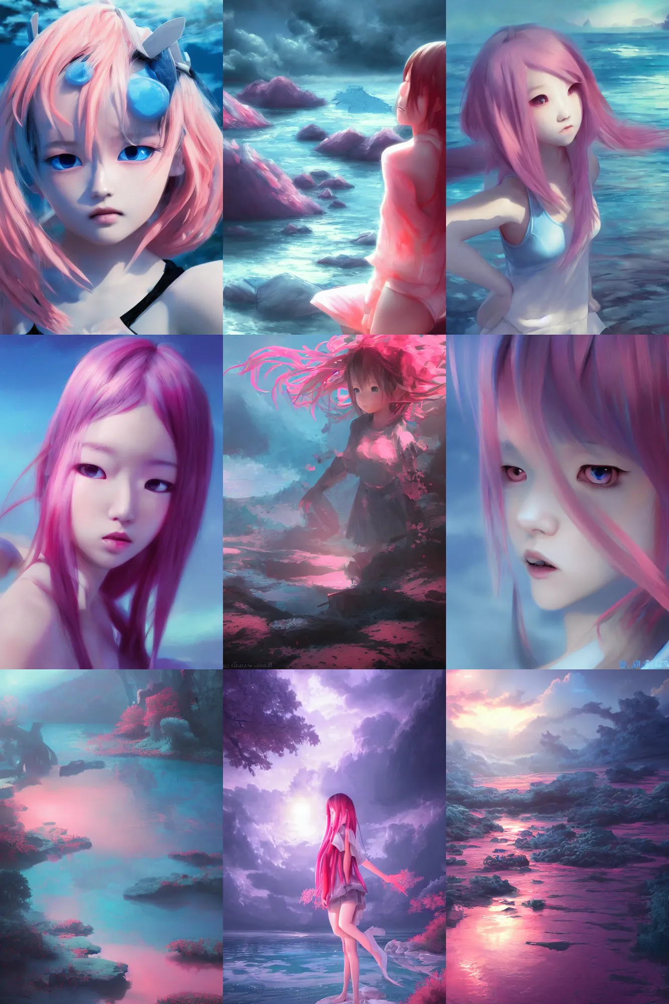 Prompt: 3d dark infrared octane render concept landscape art by D. Jun, by Mo Xiang Tong Xiu, by Igarashi Daisuke, beauty anime schoolgirl under dark pink and blue water. cute face. dramatic light, trending on artstation, oil painting.