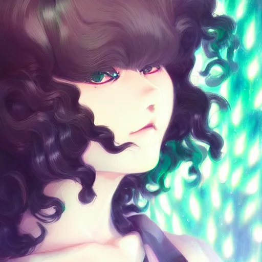 Image similar to detailed portrait art of tatsumaki with green curly hair, art by ross tran ilya kuvshinov krenz cushart, very detailed, intricate, digital anime art, sharp focus