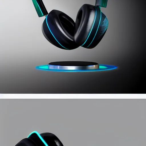 Image similar to wireless headphone stand, futuristic, techno, cyberpunk, product design, render, concept, fun, neon