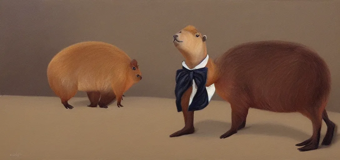 Image similar to A capybara in a tuxedo getting prepared to go to work in the morning as an expressive oil painting