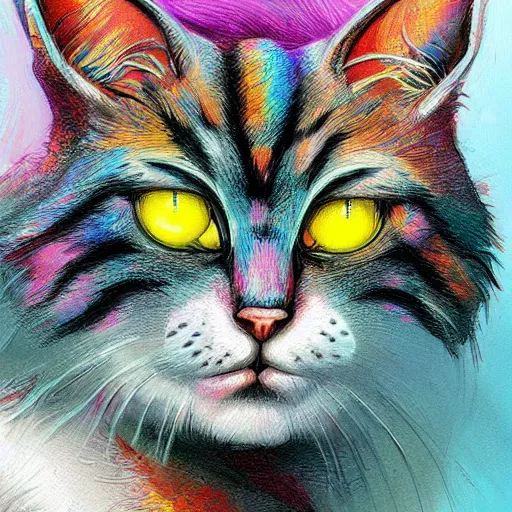 Prompt: cute cat colorful, fantasy, intricate, highly detailed, digital painting, HQ, trending on artstation, illustration, style of Stanley Artgerm and Greg Rutkowski and Dan Mumford