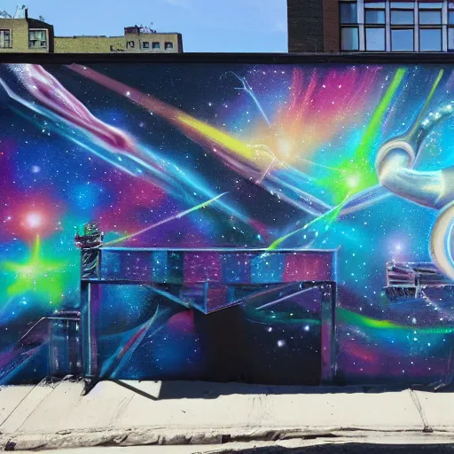 Image similar to a galactic spray painted mural in new york painted by artist outer source