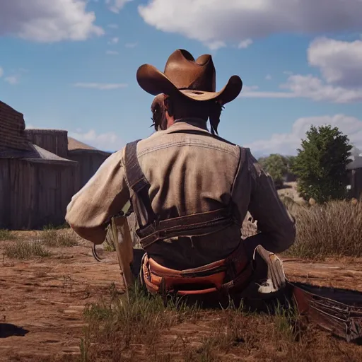 Prompt: a cowboy from the old west sit on the ground sobbing and crying with a small hole and a broken shovel near a riverbend with desperation and frustration rendered in unreal engine highly detailed