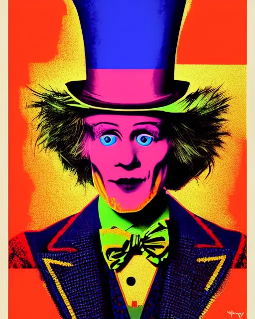 Image similar to symmetrical!! highly detailed vfx portrait of the mad hatter, geometric polygons, global illumination, detailed and intricate environment by andy warhol and tristan eaton