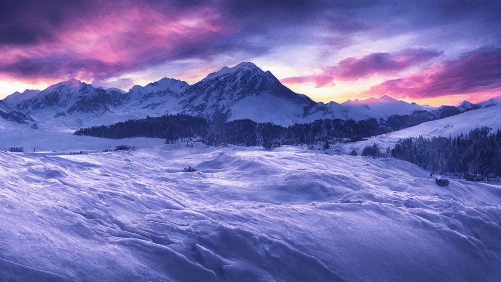 Prompt: Landscape, mountains, snow, ice, purple sunset, fantasy, digital art, HD, detailed.