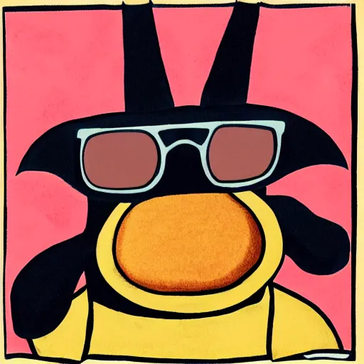 Prompt: an anthropomorphic black goat wizard, rubber hose style, orange fuzzy muppet, wearing sunglasses, hand drawn cartoon