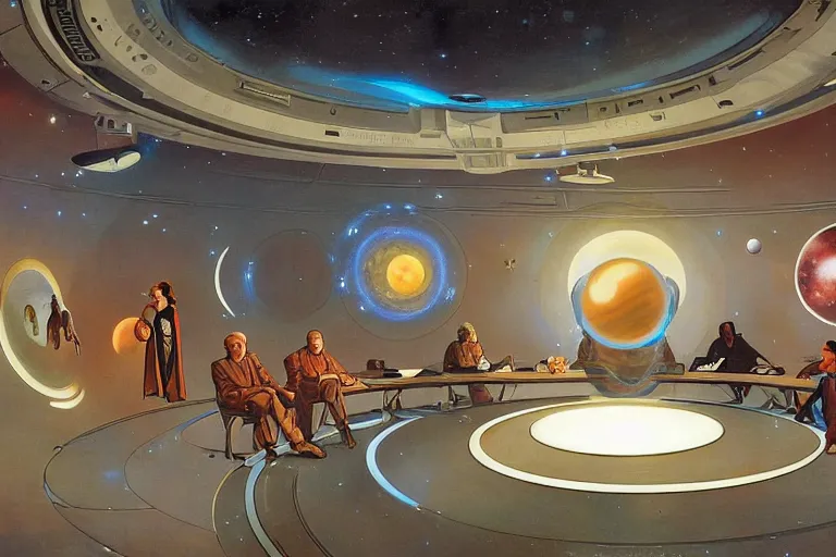 Prompt: front view of a circular meeting room with bright holodesk in the center showing levitating planets of a solar system, dark people discussing, contrasted light, clair obscur, star wars vibe, star treck vibe, by greg rutkowski, by alphonse mucha, by moebius, muted colors