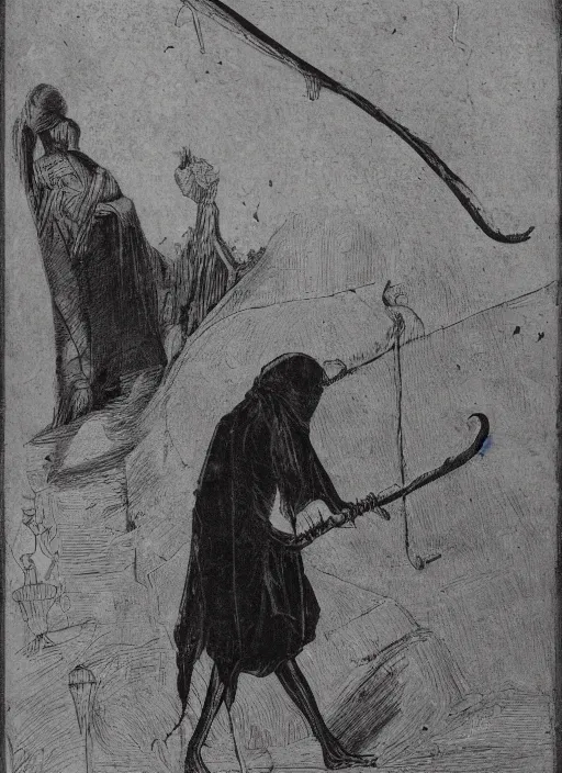 Prompt: photographic image of death dressed in black and with a scythe