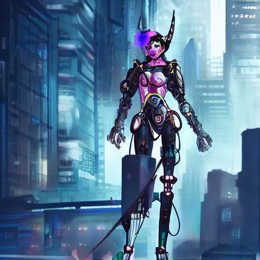 Prompt: A cyborg Valkyrie combined with a Geisha, in a cyberpunk city, concept art, art station, Award winning, unreal engine, 4K