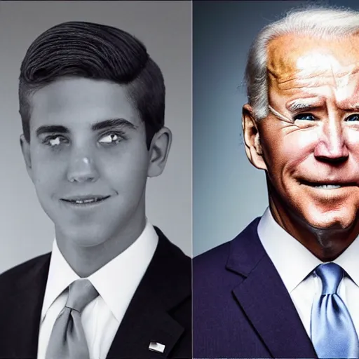 Image similar to A portrait photo of joe biden teams up with a teenage joe biden, perfect faces, 50 mm, award winning photography