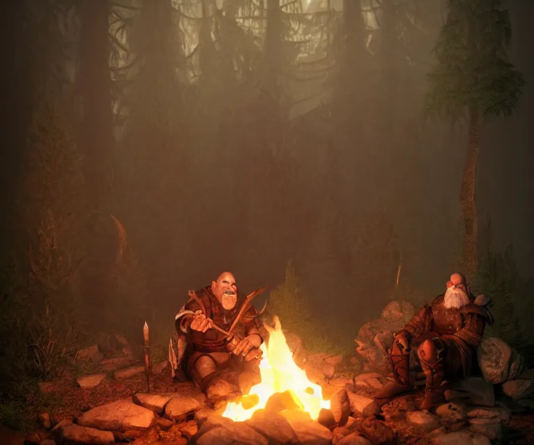 Prompt: and orc a wizard a rogue a dwarf sitting around camp fire in the deep woods, hyper realism, cinematic, volumetric lighting, dramatic ambient lighting, epic composition, high detail, octane render, unreal engine, 8 k, high contrast, depth of field, concept art, 3 d render, digital art, deviantart artstation, ray tracing, extremely detailed, apocalyptic, very sharp,