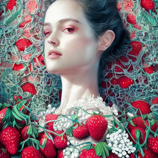 Image similar to the portrait of an absurdly beautiful, graceful, elegant, sophisticated, fashionable young woman made of strawberries and white petals looking down, an ultrafine hyperdetailed illustration by kim jung gi, irakli nadar, intricate linework, bright colors, octopath traveler, final fantasy, unreal engine 5 highly rendered, global illumination, radiant light, detailed and intricate environment