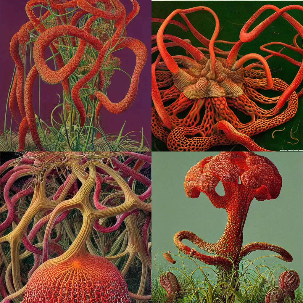 Prompt: Botanical illustration of Clathrus ruber in its native habitat by Haeckel and Beksinski, ultradetailed digital art, vivid color hues