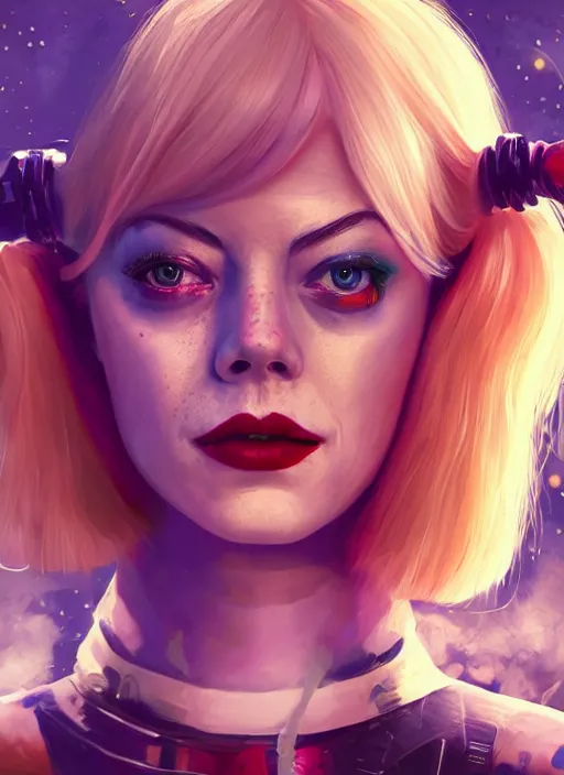 Image similar to cosmic portrait of emma stone as harley quinn, hyper detailed, digital art, trending in artstation, cinematic lighting, studio quality, smooth render, unreal engine 5 rendered, octane rendered, art style by klimt and nixeu and ian sprigger and wlop and krenz cushart.