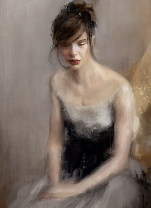 Image similar to portrait painting of a woman posing in an artistic over a bed, white victorian wedding dress by jeremy mann, only one head single portrait